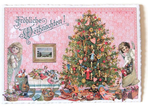 Nostalgie Postkarte Weihnachtskarte Wohnzimmer Engel Christbaum