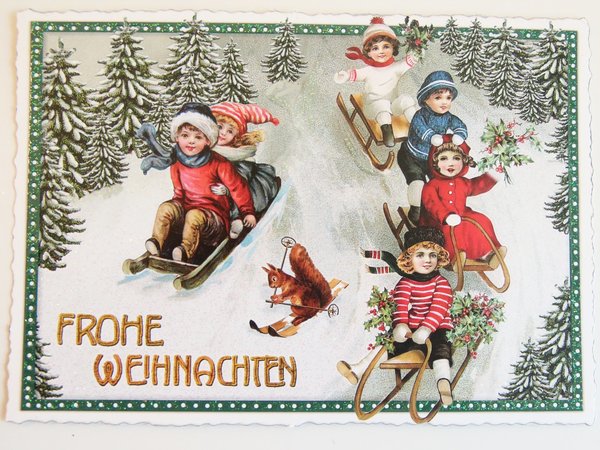 Nostalgie Postkarte Weihnachtskarte Kinder rodeln Schlitten