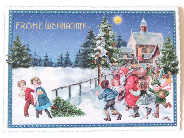 Nostalgie Postkarte Weihnachtskarte Kinder Schnee Weihnachtsmann