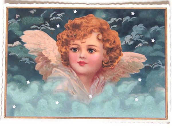 Nostalgie Postkarte Weihnachtskarte Engel Wolken Sterne