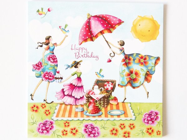 Postkarte Glitterpostkarte Geburtstagskarte Frauen Picknick