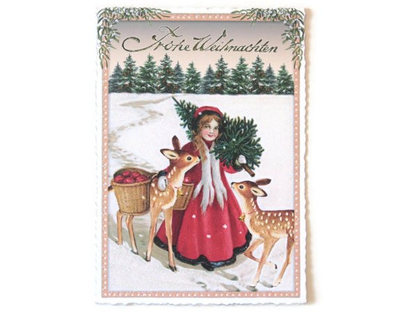 Nostalgie Postkarte Weihnachtskarte Mädchen Rehe Winterwald