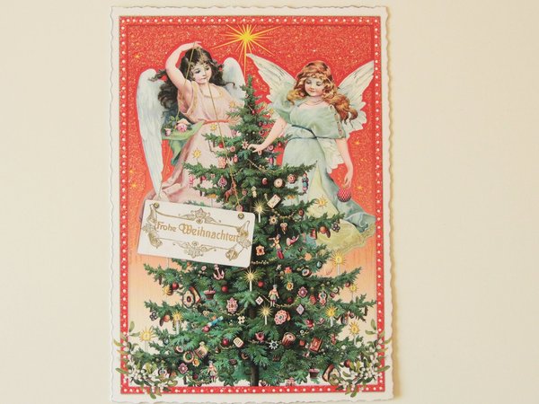 Nostalgie Postkarte Weihnachtskarte Engel am Christbaum