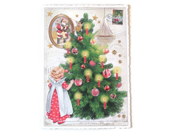 Nostalgie Postkarte Weihnachtskarte Engel am Christbaum rote Kerzen