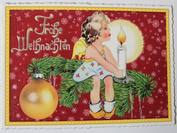 Nostalgie Postkarte Weihnachtskarte Engel auf Tannenzweig mit Kerze