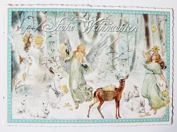 Nostalgie Postkarte Weihnachtskarte Engel Waldtiere im Winterwald
