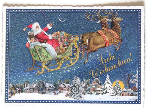 Nostalgie Postkarte Weihnachtskarte Weihnachtsmann Schlitten