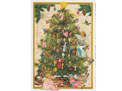 Nostalgie Postkarte Weihnachtskarte Engel Mandoline Christbaum