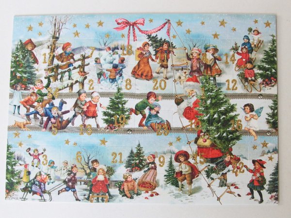 Nostalgischer Adventskalender DIN A 5  Kinder im Schnee  24 Türchen - mit Umschlag