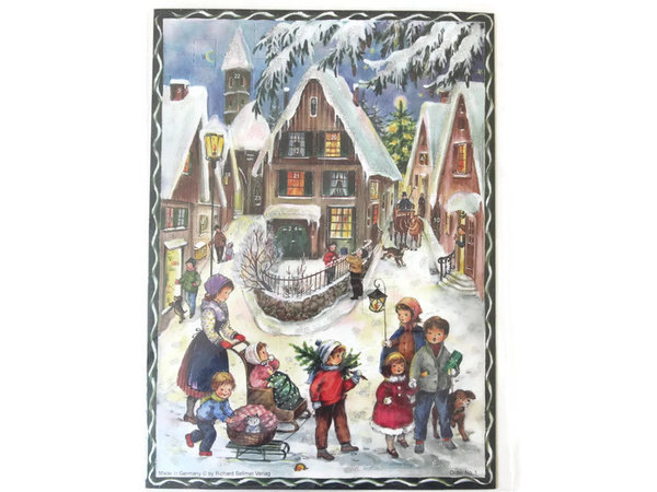 Adventskalender Weihnachten im Dorf DIN A 4 mit Glitter aus Papier 24 Türchen zum Öffnen
