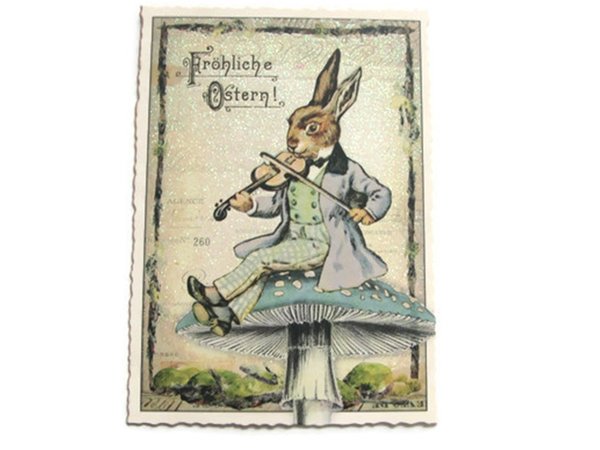 Nostalgie Postkarte Osterkarte Hase mit Geige